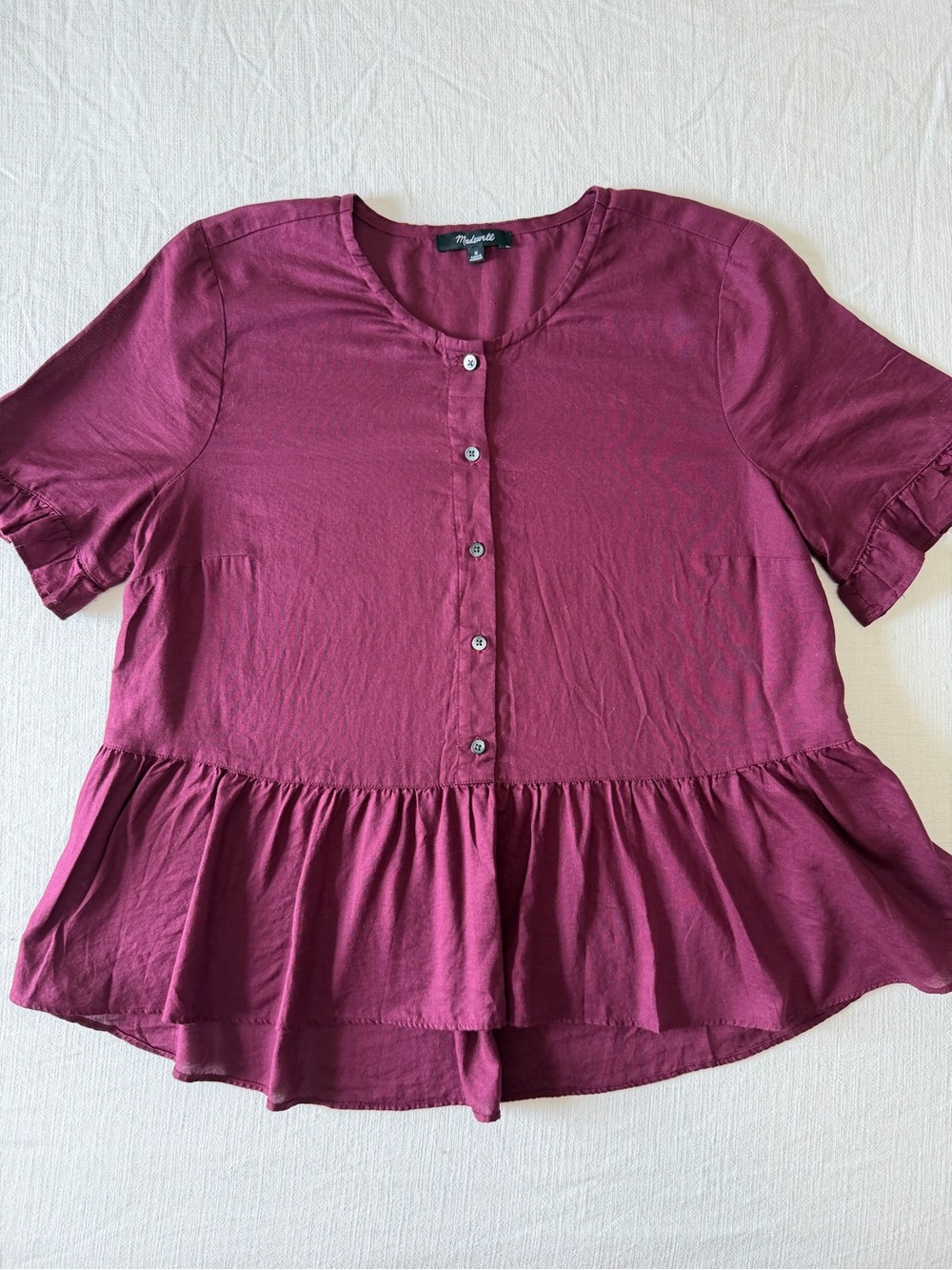Madewell Burgundy Button Front Ruffle Peplum Blouse